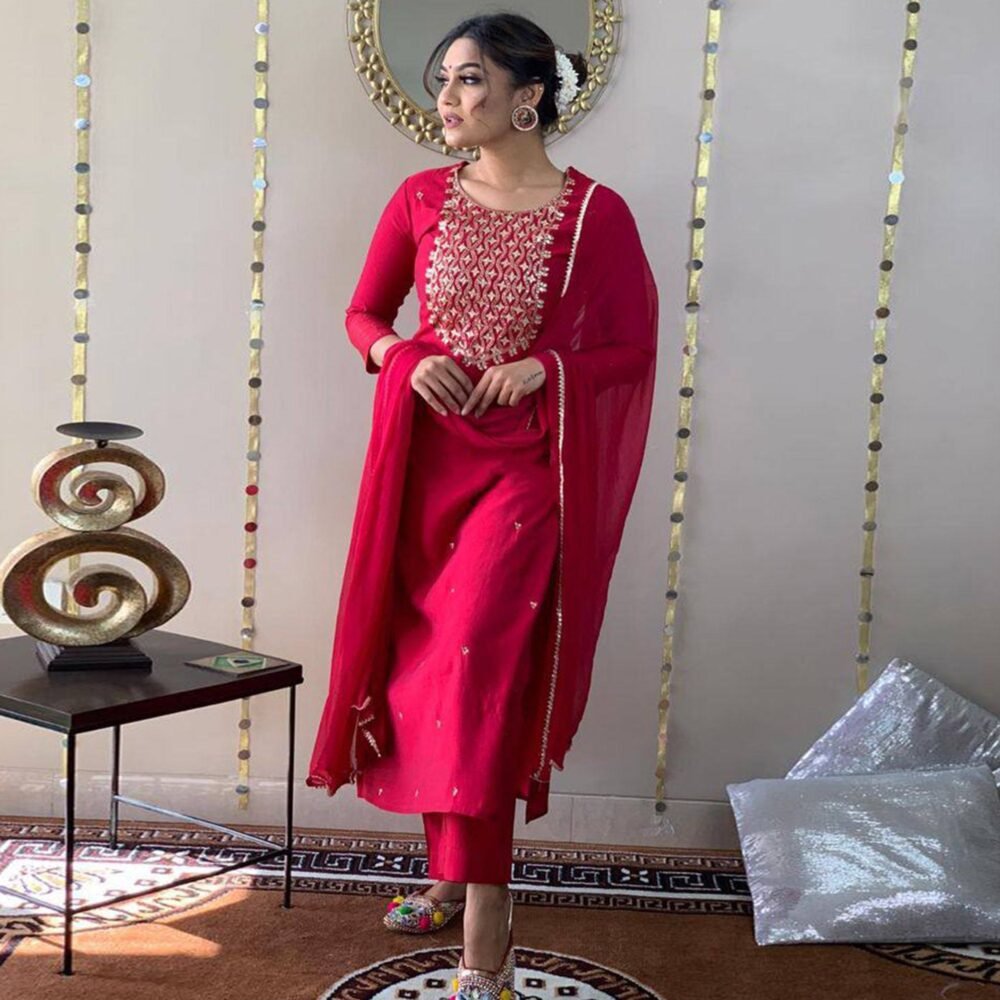 Pink Sequins Embroidered Rayon Silk Kurti Set - Image 4