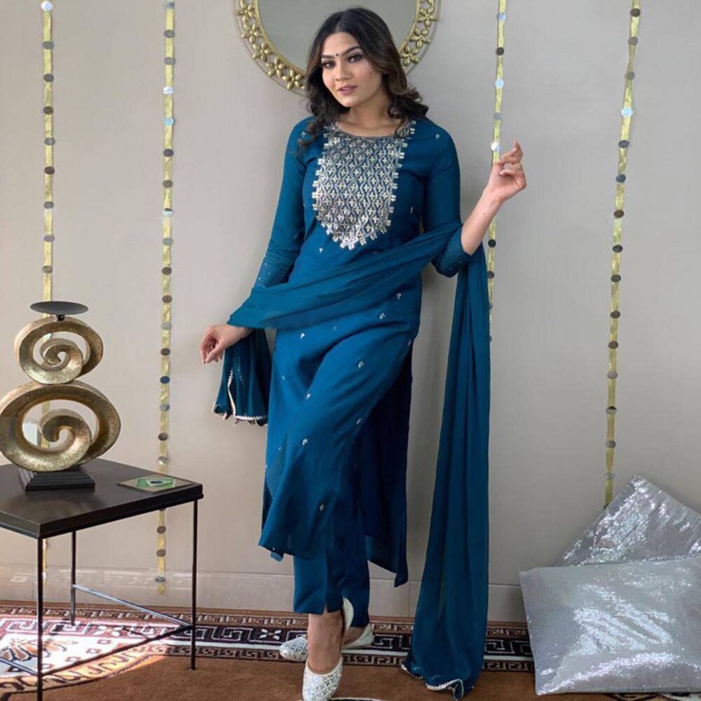 Blue Sequins Embroidered Rayon Kurti Set - Image 4