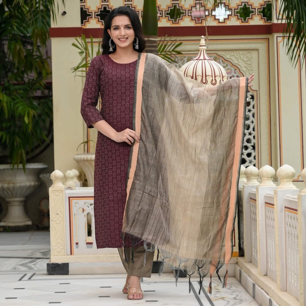 Maroon Woven Cotton Blend Dress Material - Image 4