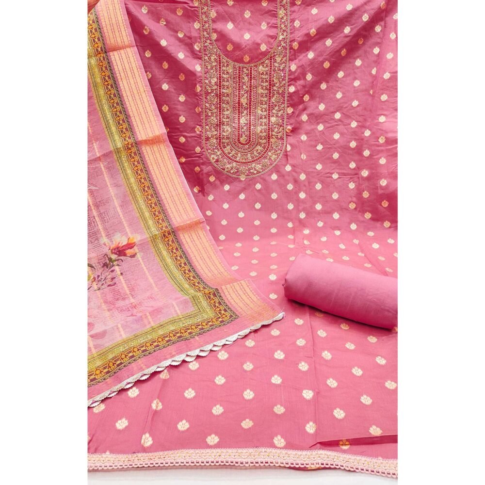 Gajari Pink Woven Banarasi Cotton Silk Dress Material Accented With Sequins Embroidery - Image 4