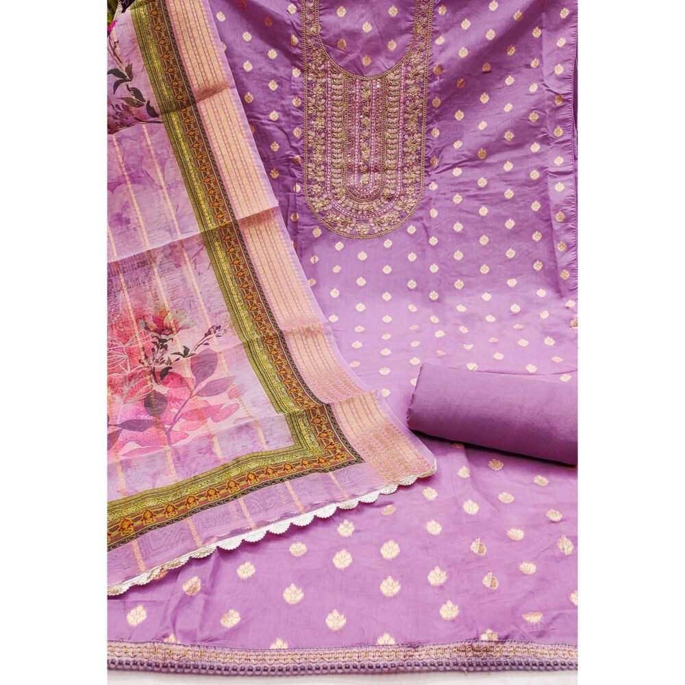 Lavender Woven Banarasi Cotton Silk Dress Material Accented With Sequins Embroidery - Image 4