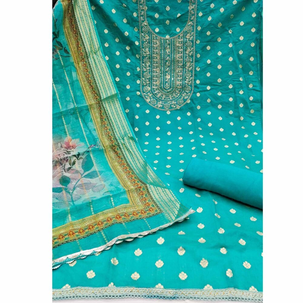 Turquoise Woven Banarasi Cotton Silk Dress Material Accented With Sequins Embroidery - Image 4