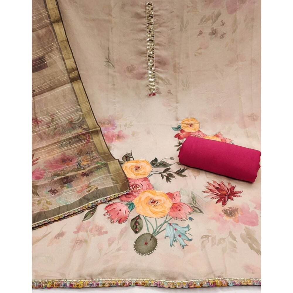 Beige Pure Cotton Dress Material With Floral Digital Print & Fine Handwork - Image 4