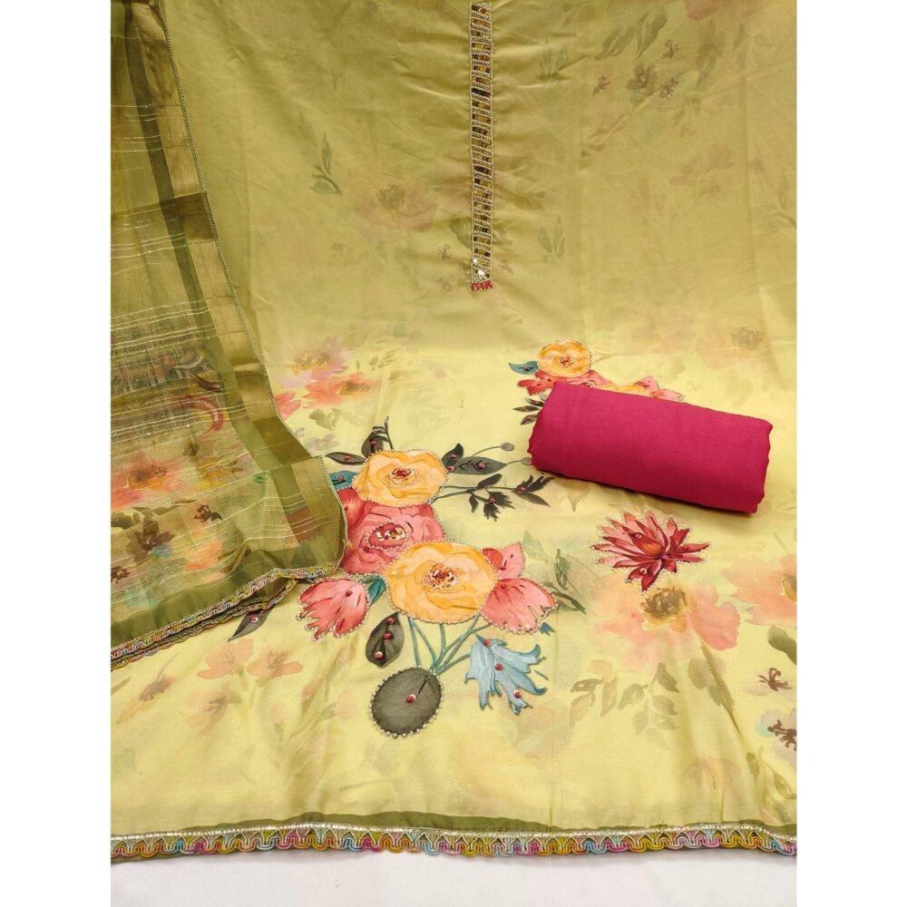 Lemon Yellow Pure Cotton Dress Material With Floral Digital Print & Fine Handwork - Image 4
