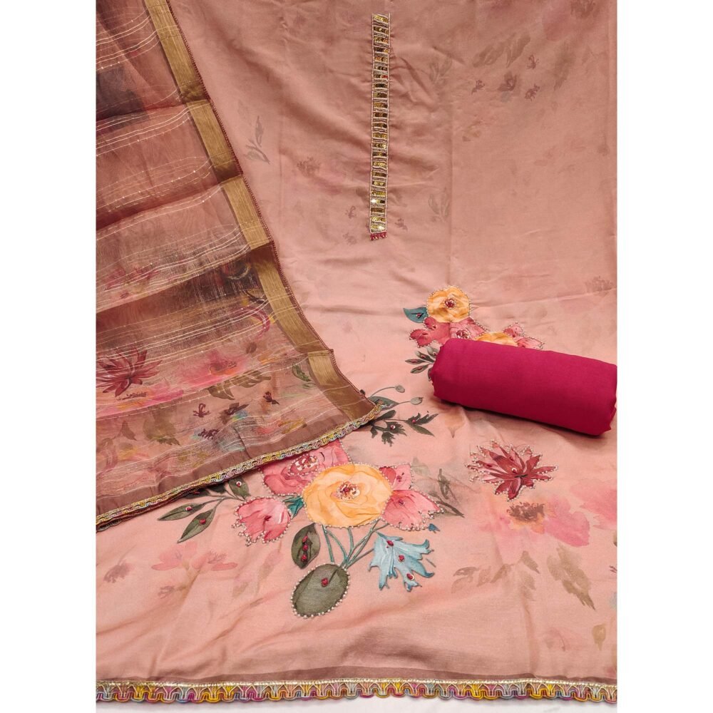 Peach Pure Cotton Dress Material With Floral Digital Print & Fine Handwork - Image 4