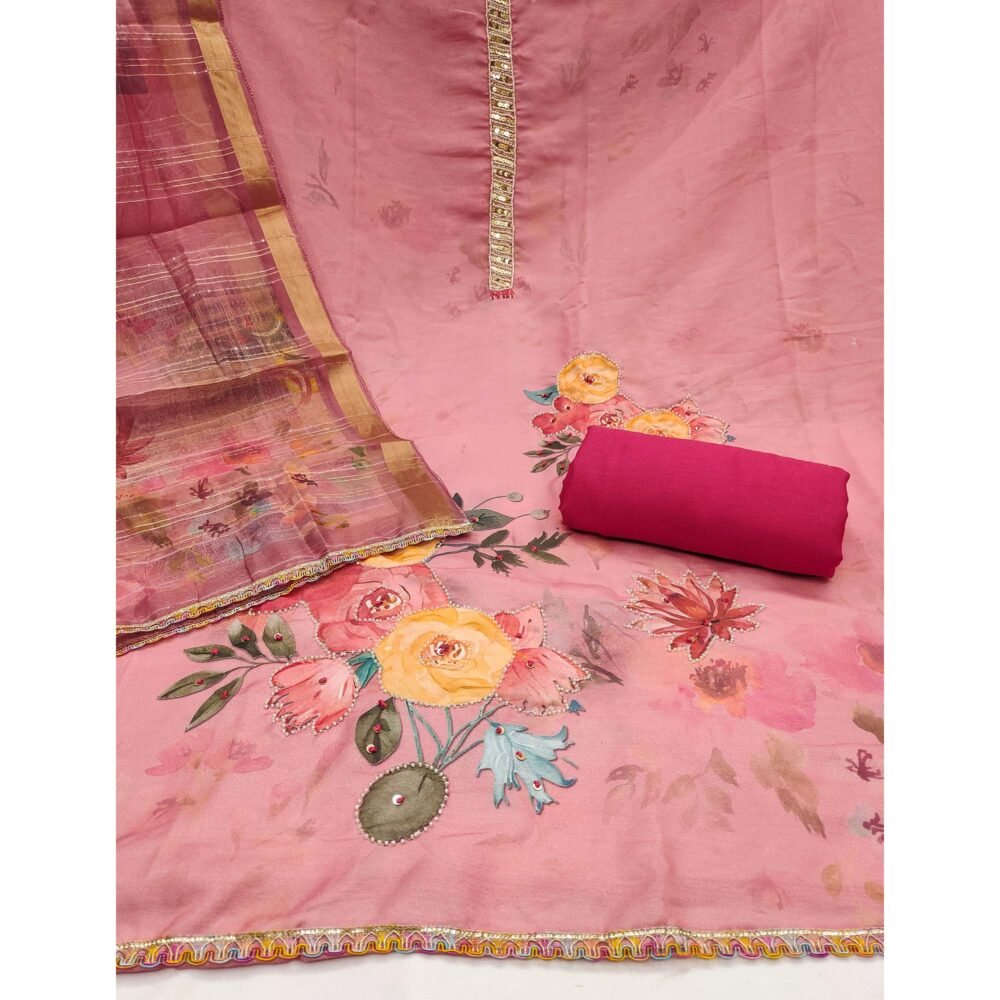 Pink Pure Cotton Dress Material With Floral Digital Print & Fine Handwork - Image 4
