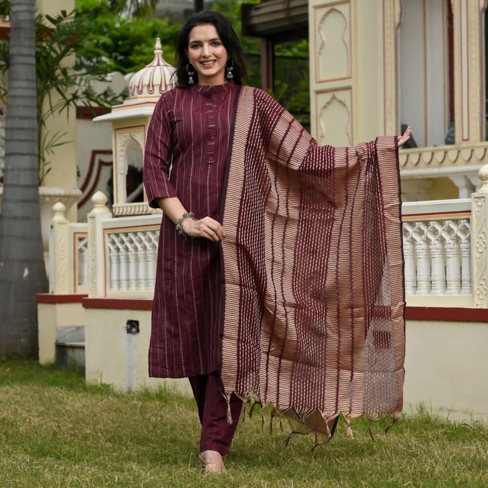 Wine Woven Cotton Blend Salwar Suit - Image 3