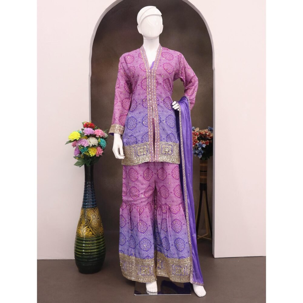 Purple & Lavender Bandhani Print With Sequins Embroidered Chinon Palazzo Suit - Image 4