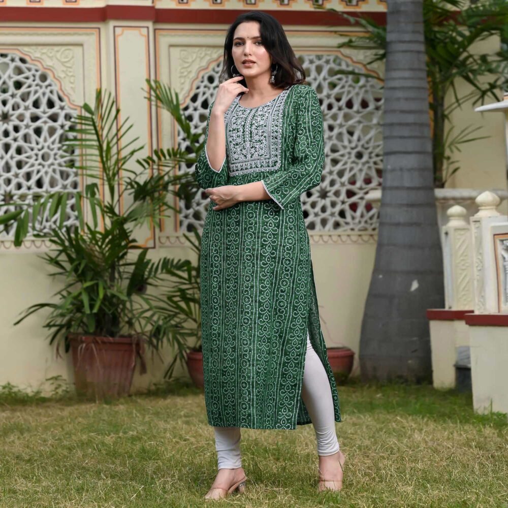 Green Foil Bandhani Printed With Embroidered Rayon Kurti - Image 3