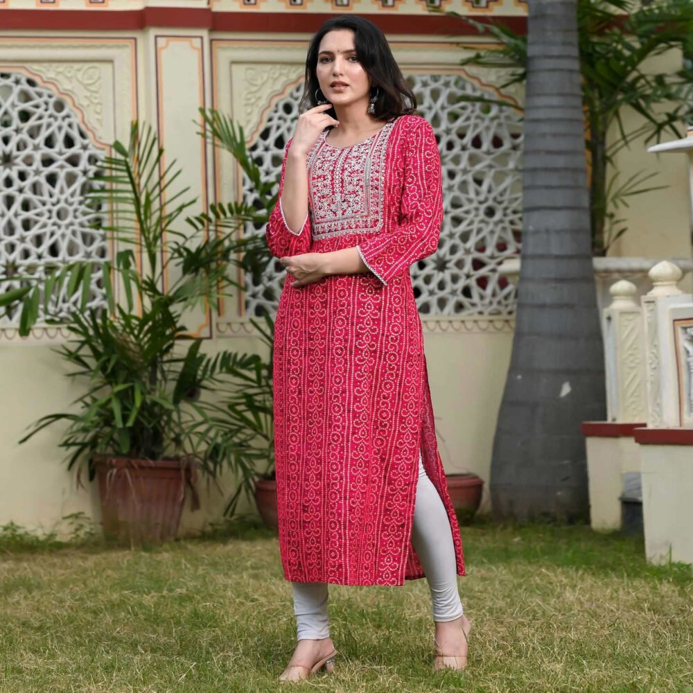 Red Foil Bandhani Printed With Embroidered Rayon Kurti - Image 5