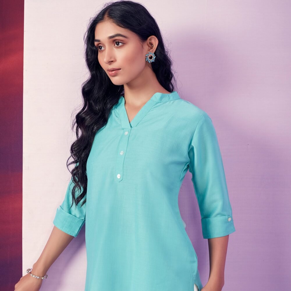 Blue Solid Cotton Blend Top - Image 3