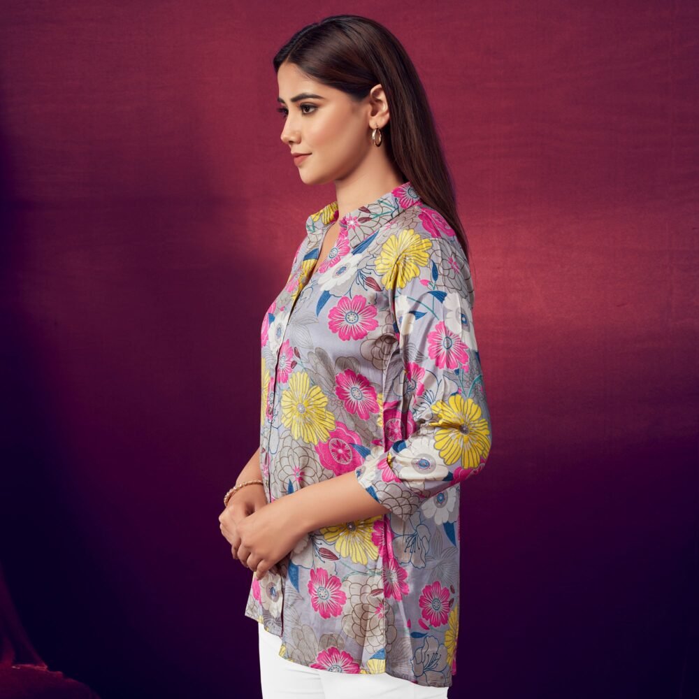 Grey Foil Printed Straight Muslin Top - Image 4