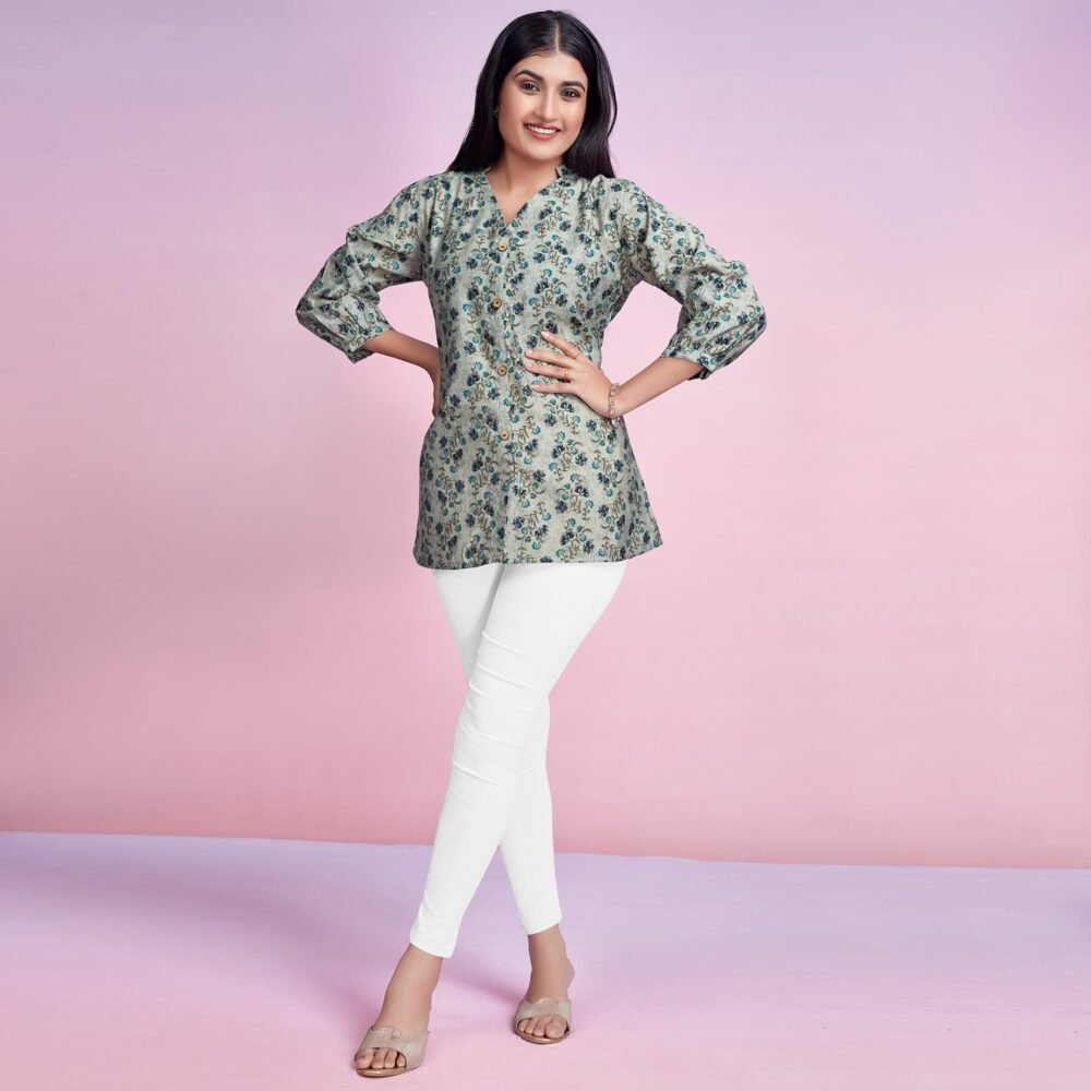 Off White & Blue Floral Foil Printed Chanderi Silk Top - Image 7