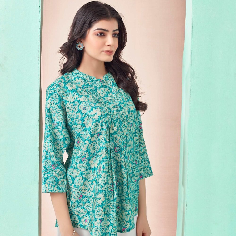 Turquoise Floral Chanderi Silk Straight Top - Image 4
