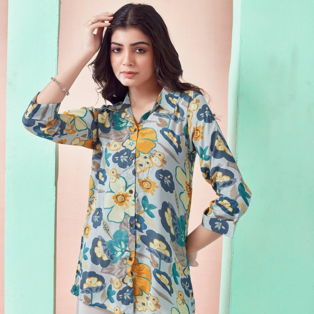 Light Grey Floral Printed Muslin Top - Image 4