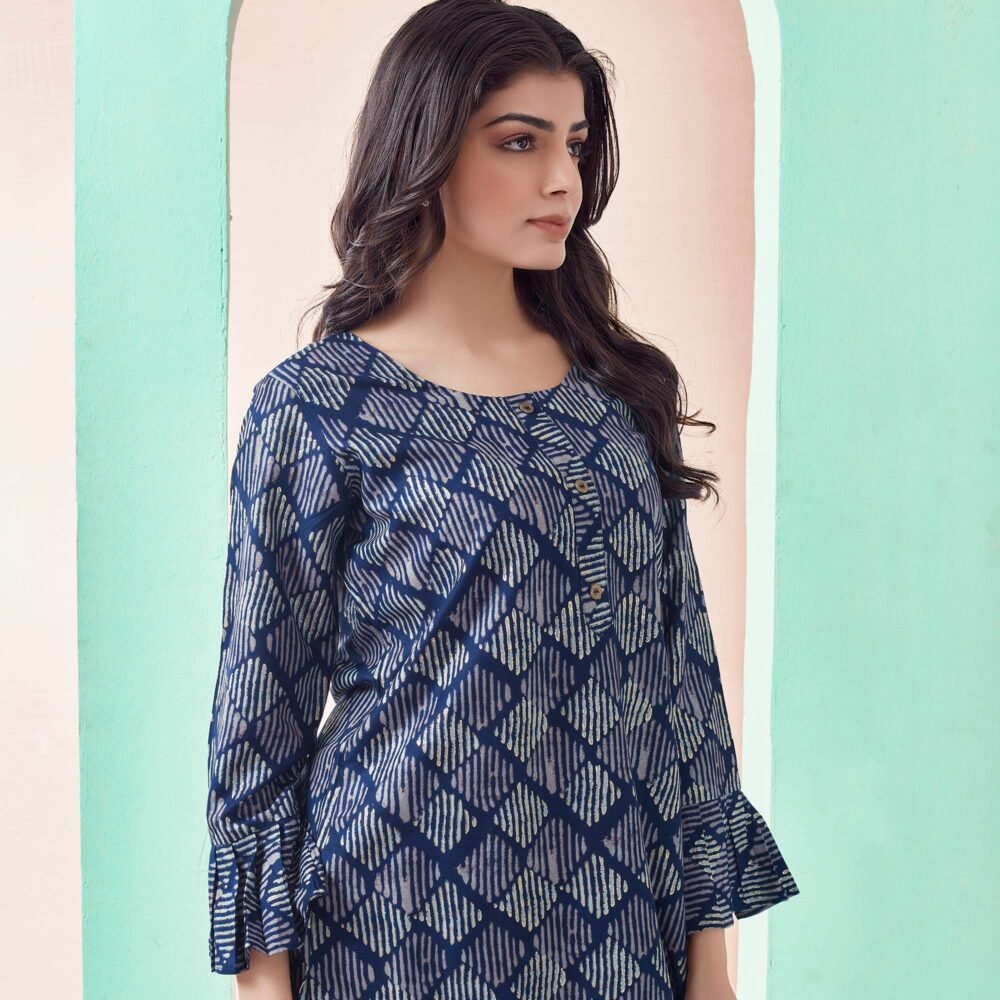 Blue Printed Chanderi Silk Straight Top - Image 5