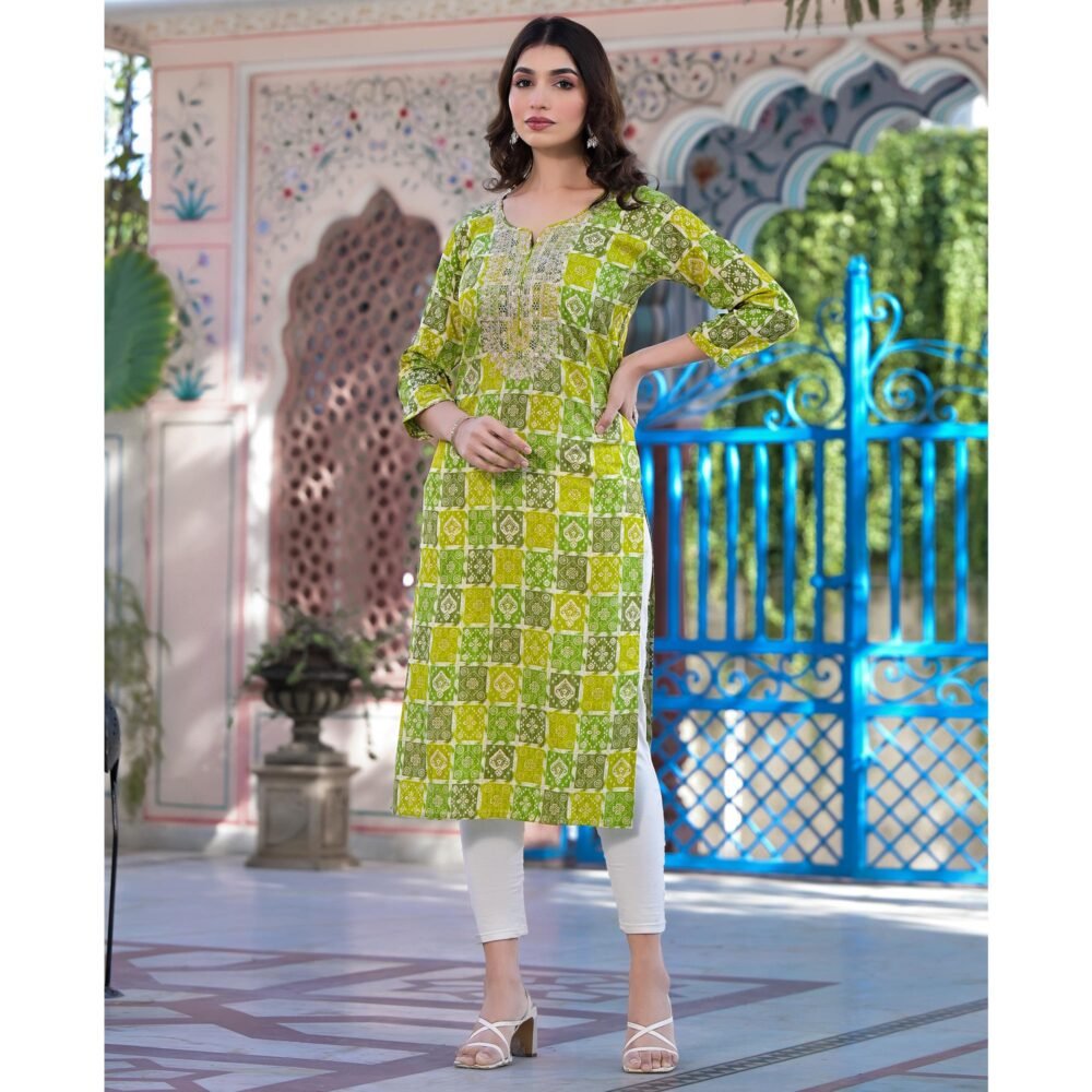 Yellow & Green Bandhani Foil Printed Rayon Straight Kurti - Image 5
