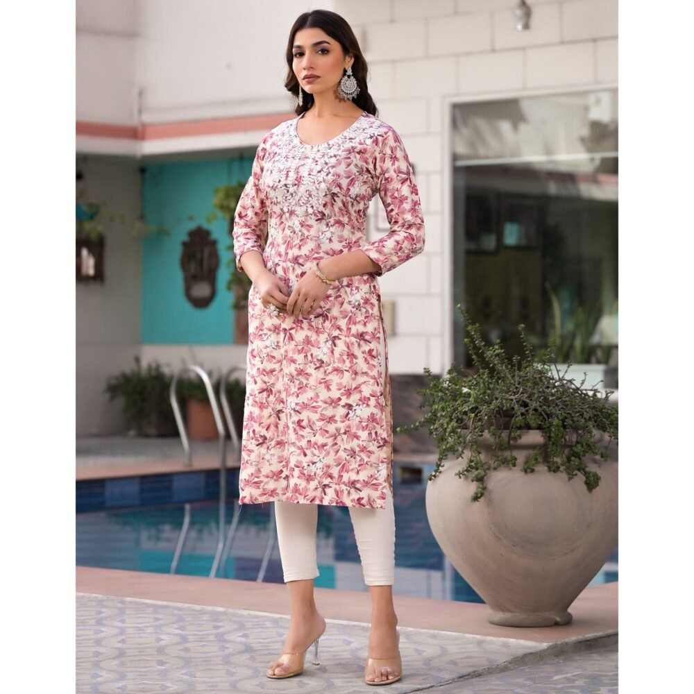 Pink Chikankari Embroidery Rayon Straight Kurti - Image 5