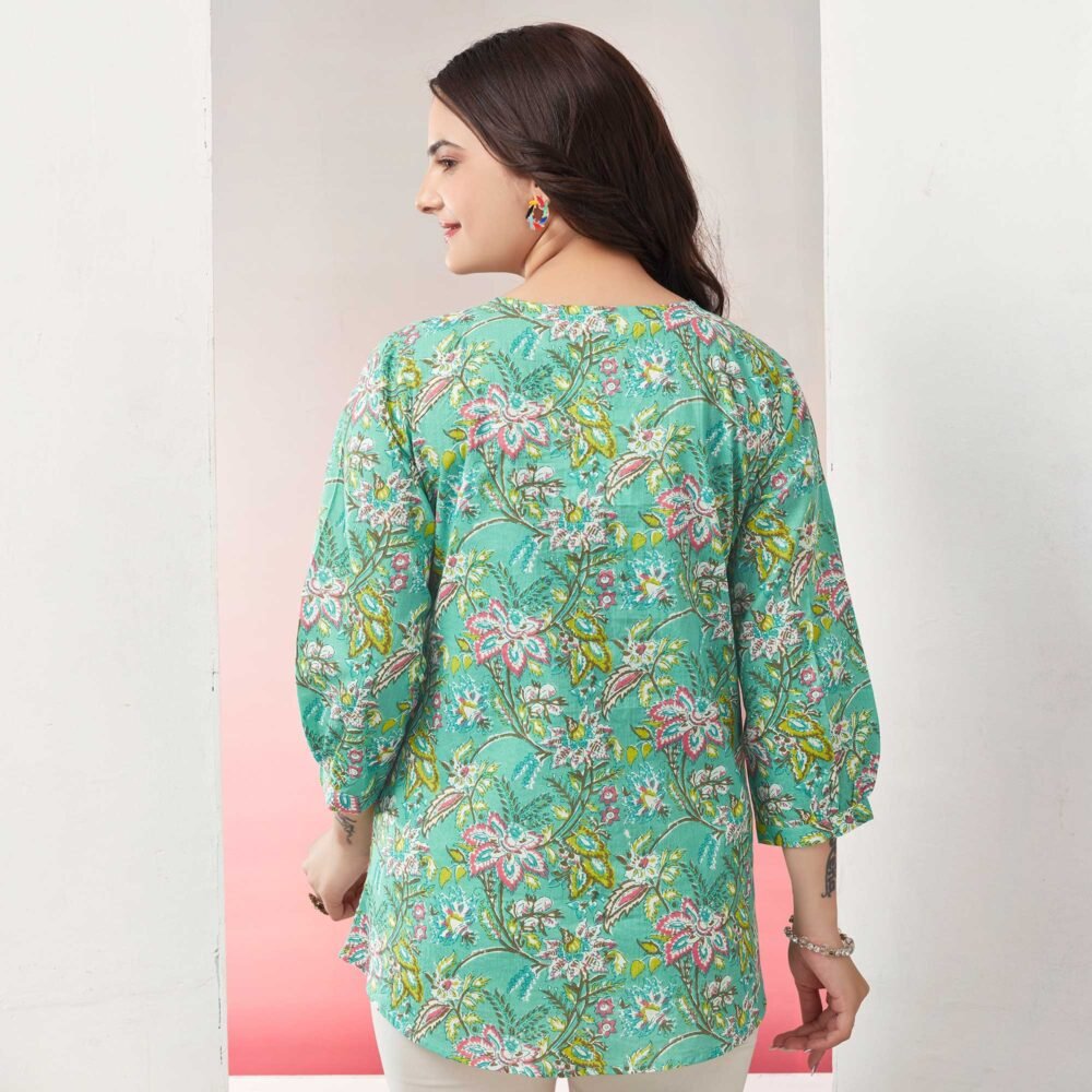 Turquoise Floral Printed Pure Cotton Top - Image 4