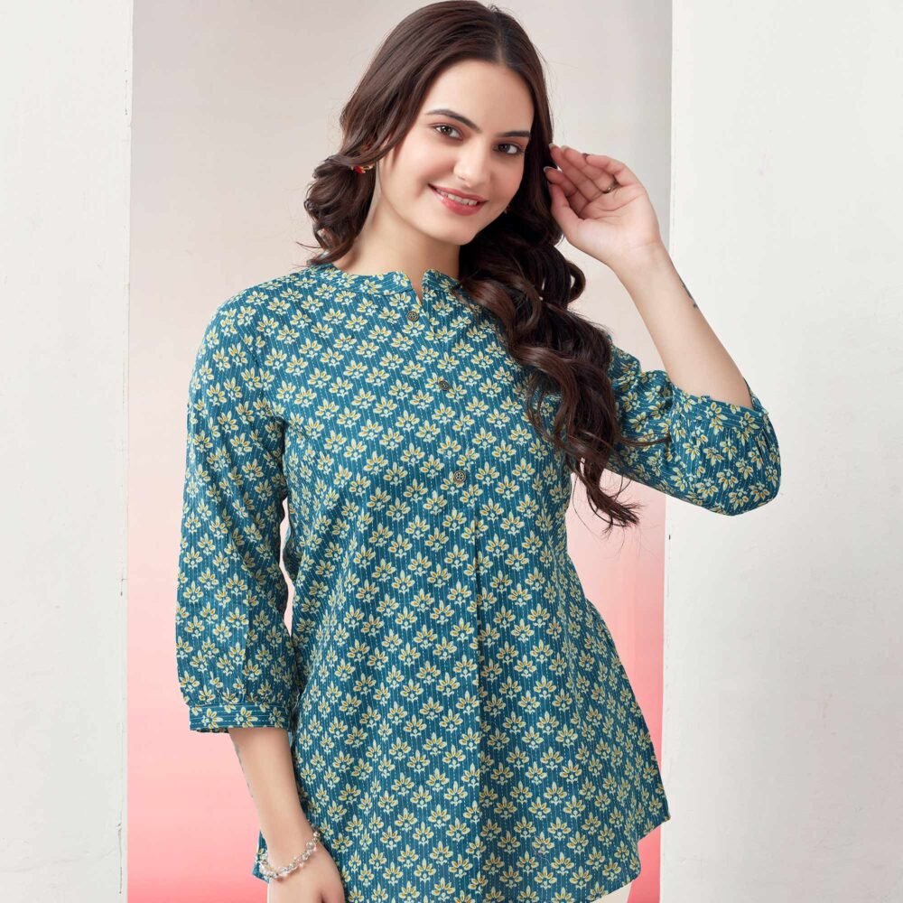 Blue Printed Pure Cotton A-Line Top - Image 4