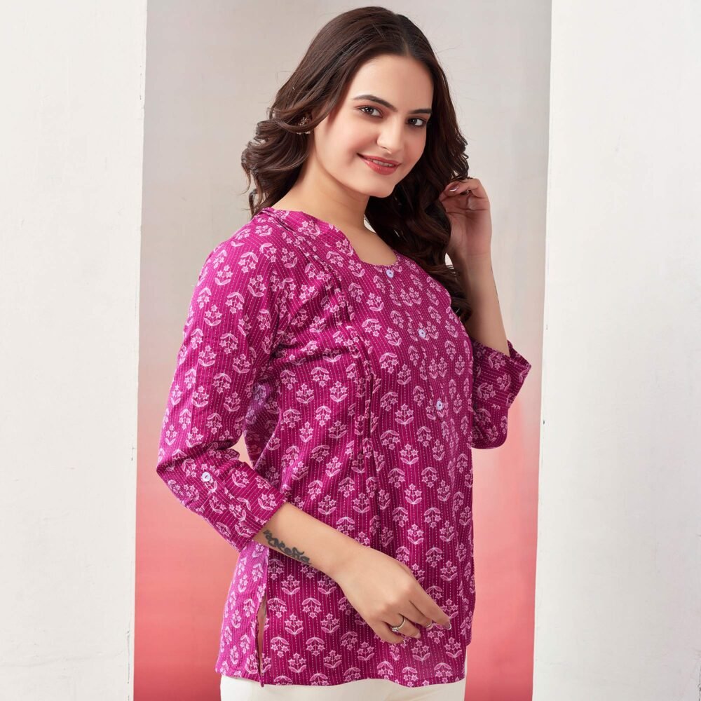 Pink Printed Pure Cotton A-Line Top - Image 4
