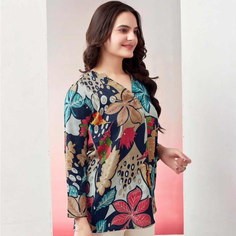 Navy Blue Floral Foil Printed Muslin Top - Image 4