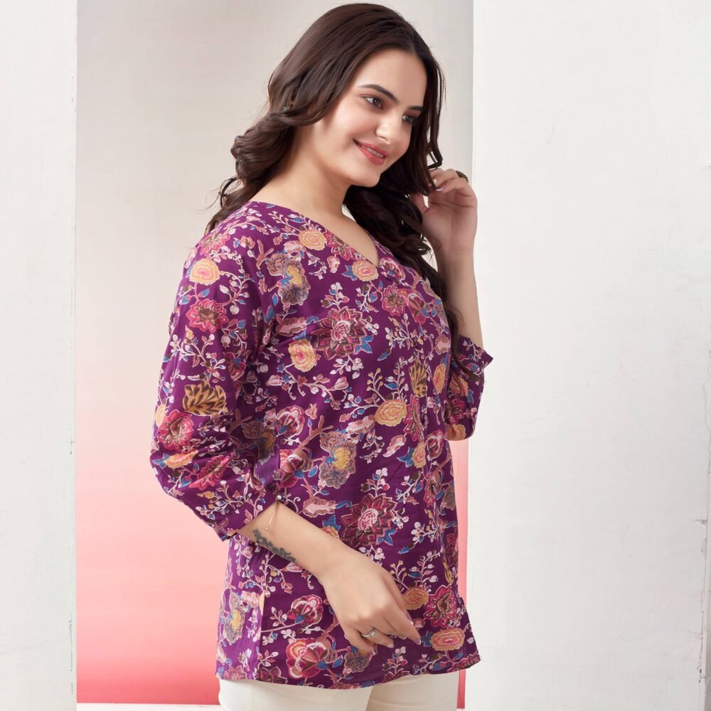 Purple Floral Printed Pure Cotton Top - Image 4