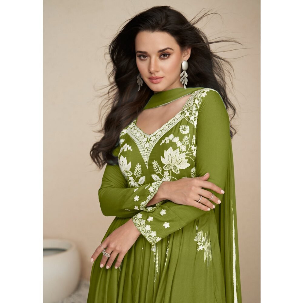 Green Lucknowi Embroidered Rayon Palazzo Suit - Image 4