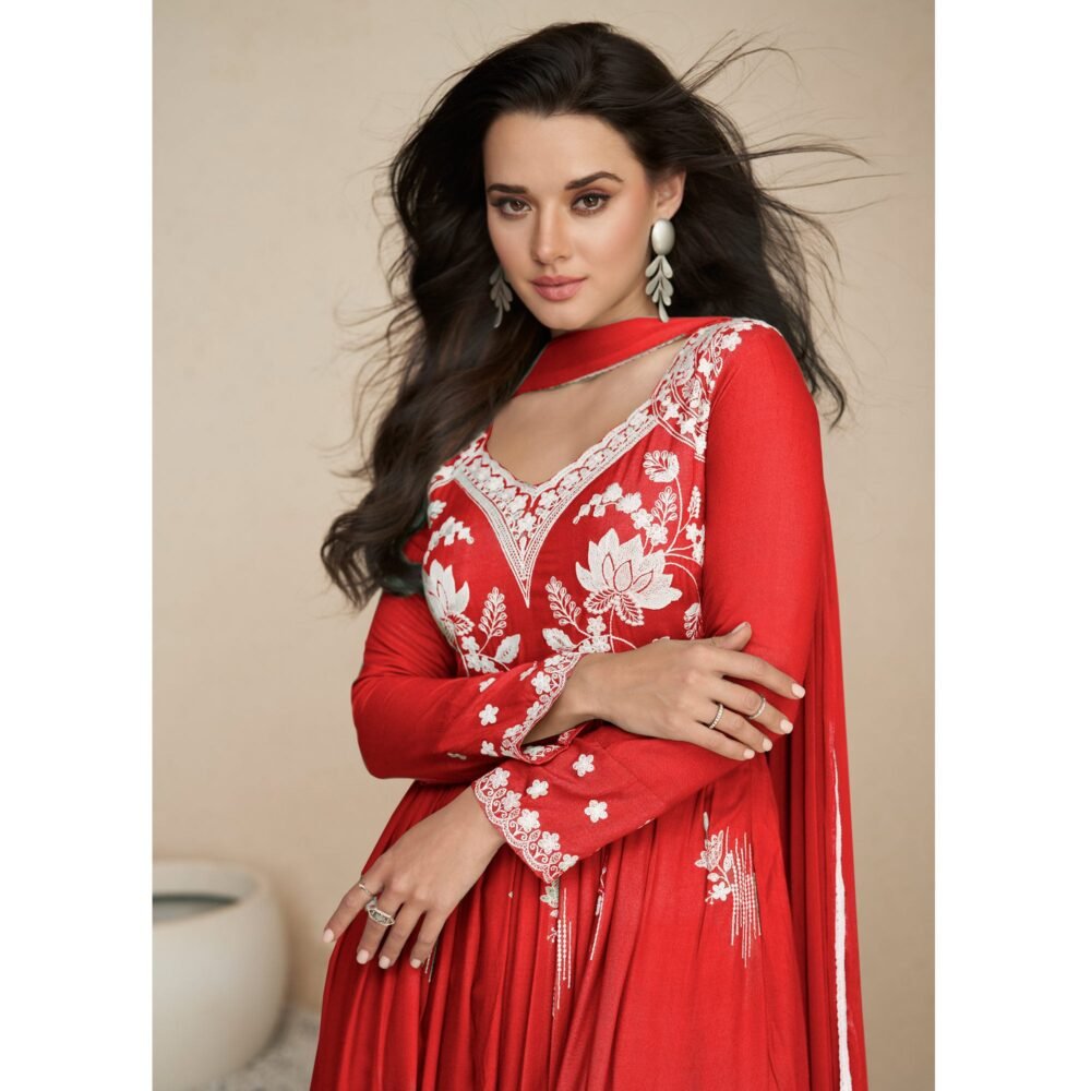 Red Lucknowi Embroidered Rayon Palazzo Suit - Image 4