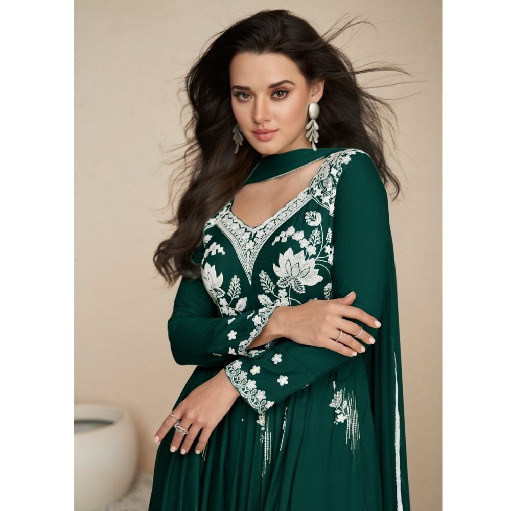 Green Lucknowi Embroidered Rayon Palazzo Suit - Image 4