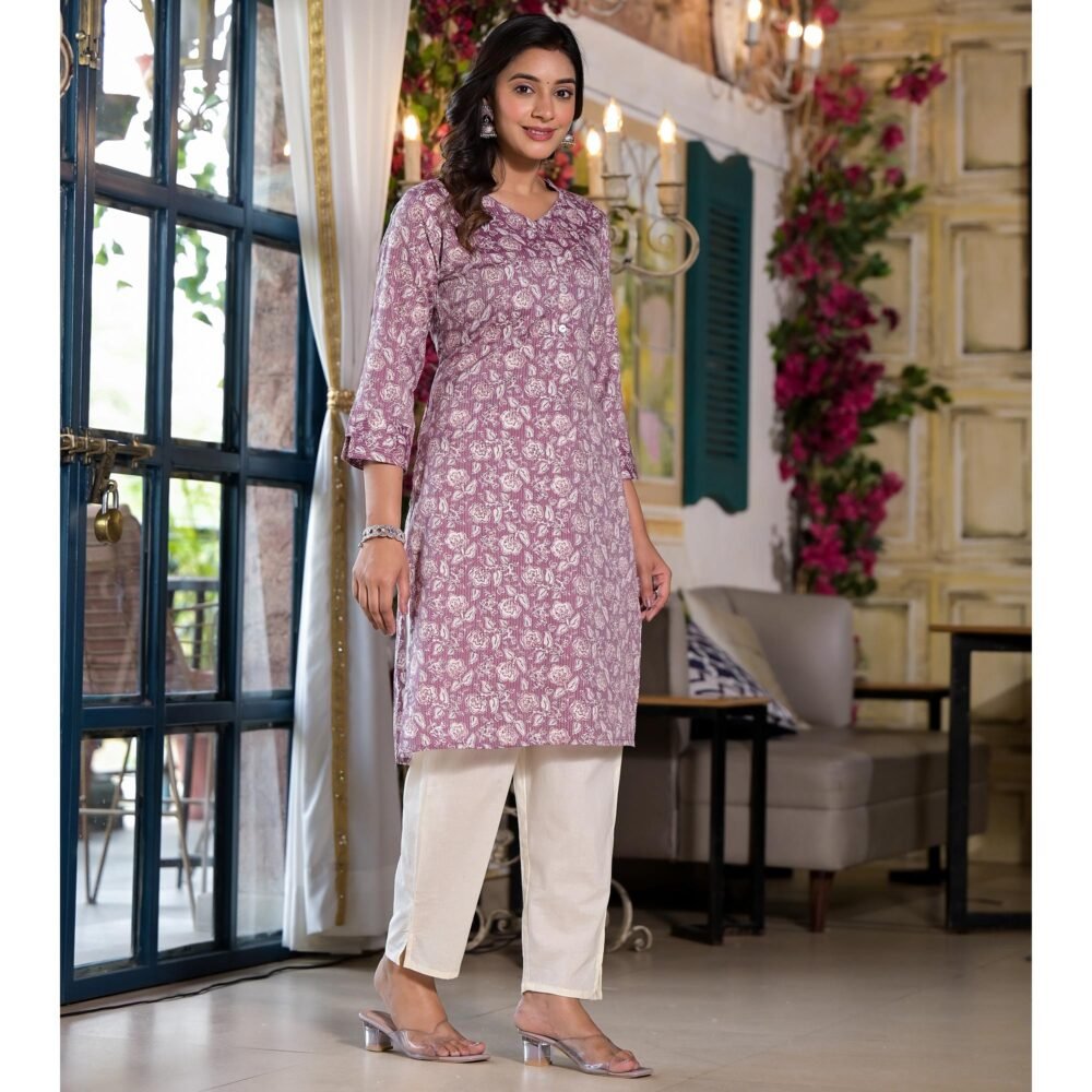 Purple Floral Printed Rayon Straight Kurti - Image 6
