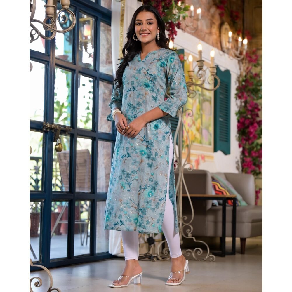 Blue Floral Foil Printed Mulmul Cotton Straight Kurti - Image 5
