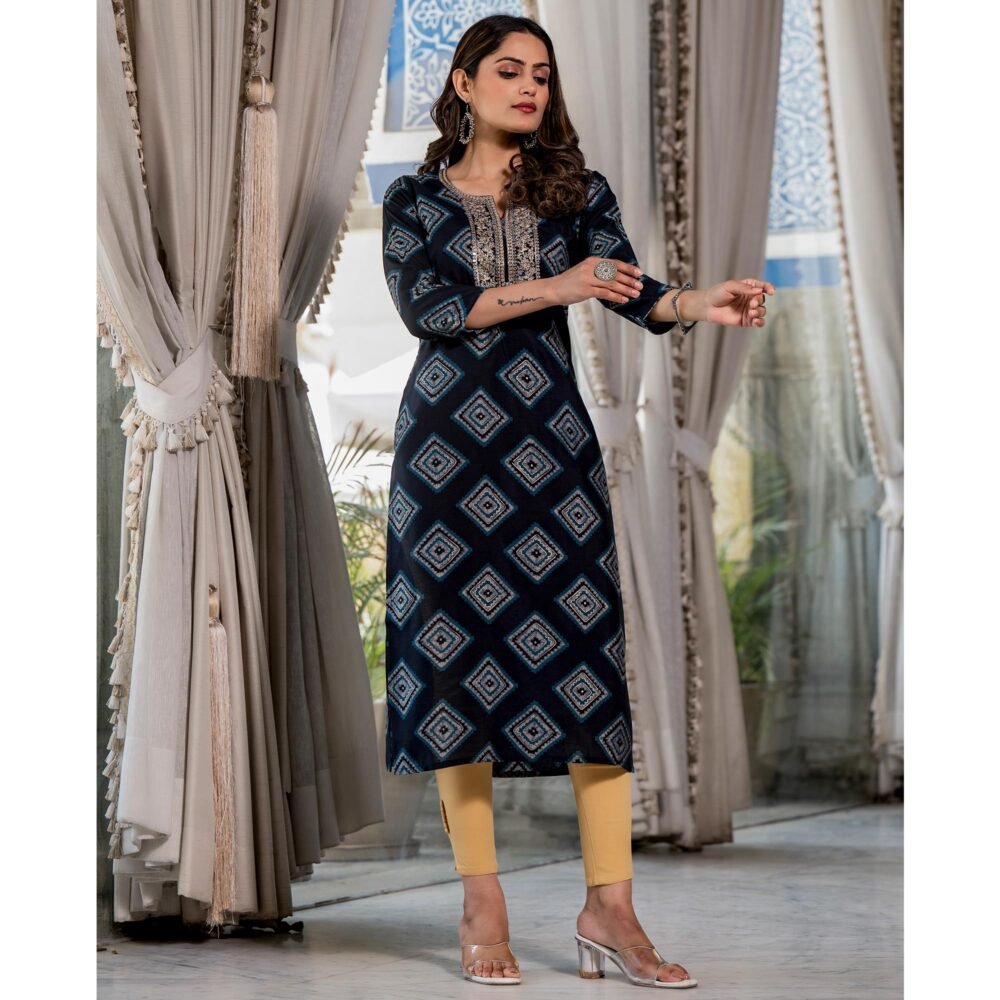 Navy Blue Foil Printed Chanderi Silk Kurti - Image 5