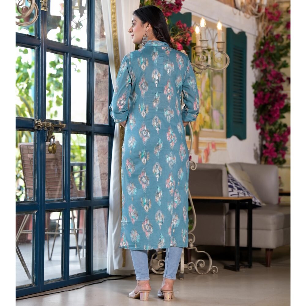 Dark Turquoise Ikkat Foil Printed Pure Cotton Straight Kurti - Image 6