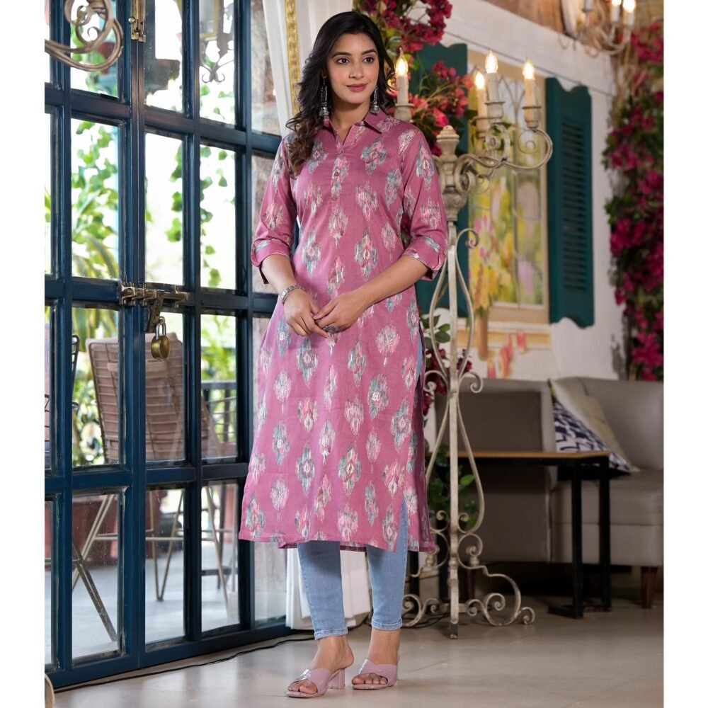 Purple Ikkat Foil Printed Pure Cotton Straight Kurti - Image 6