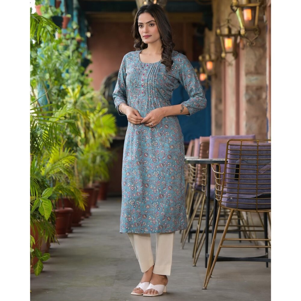 Bluish Grey Floral Printed Rayon Straight kurti - Image 6