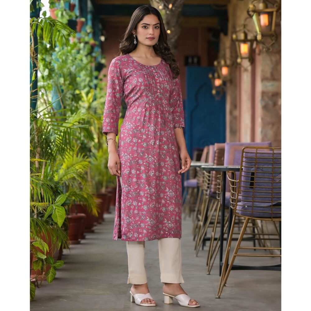 Pink Floral Printed Rayon Straight kurti - Image 6