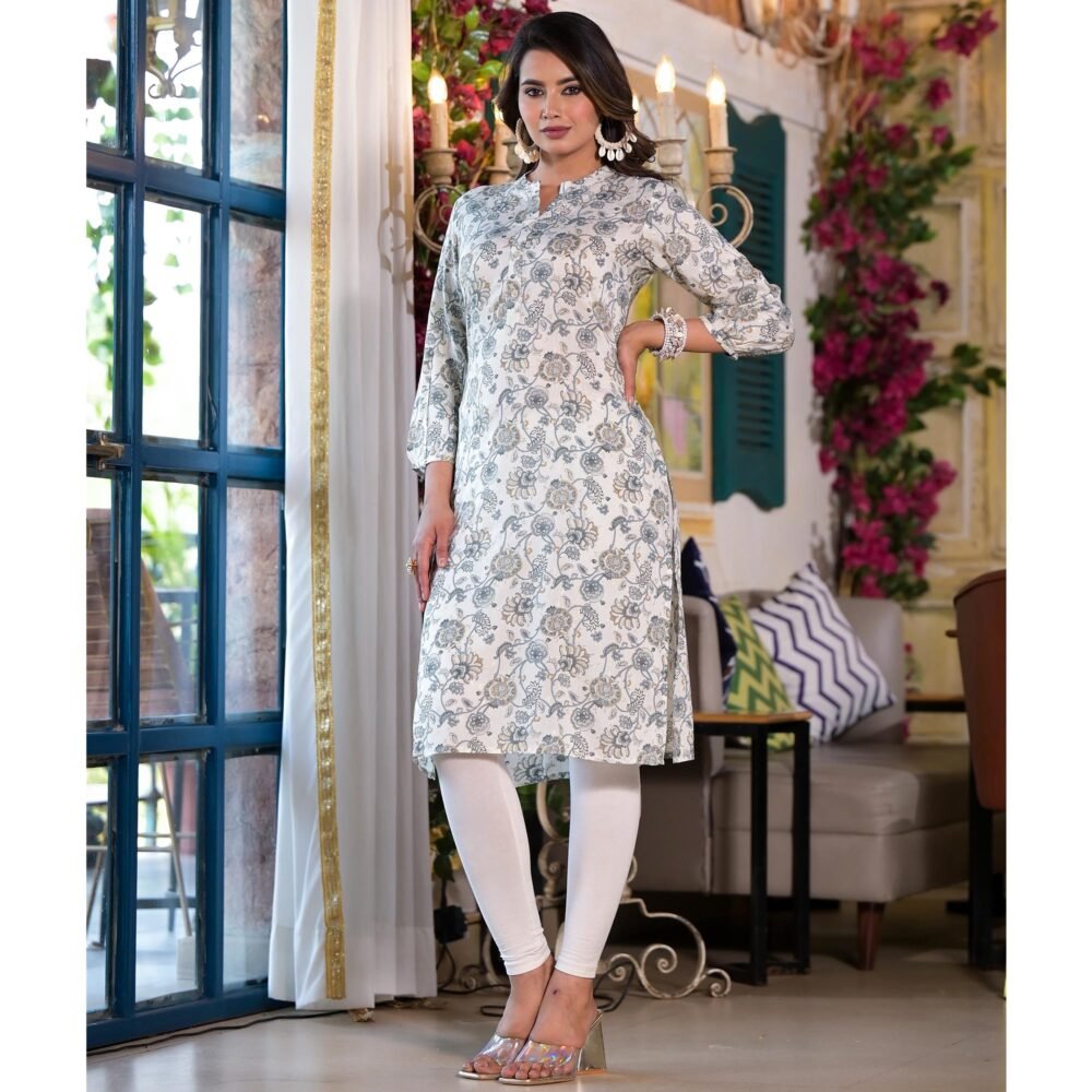 Grey Floral Foil Printed Chanderi Silk Kurti - Image 5