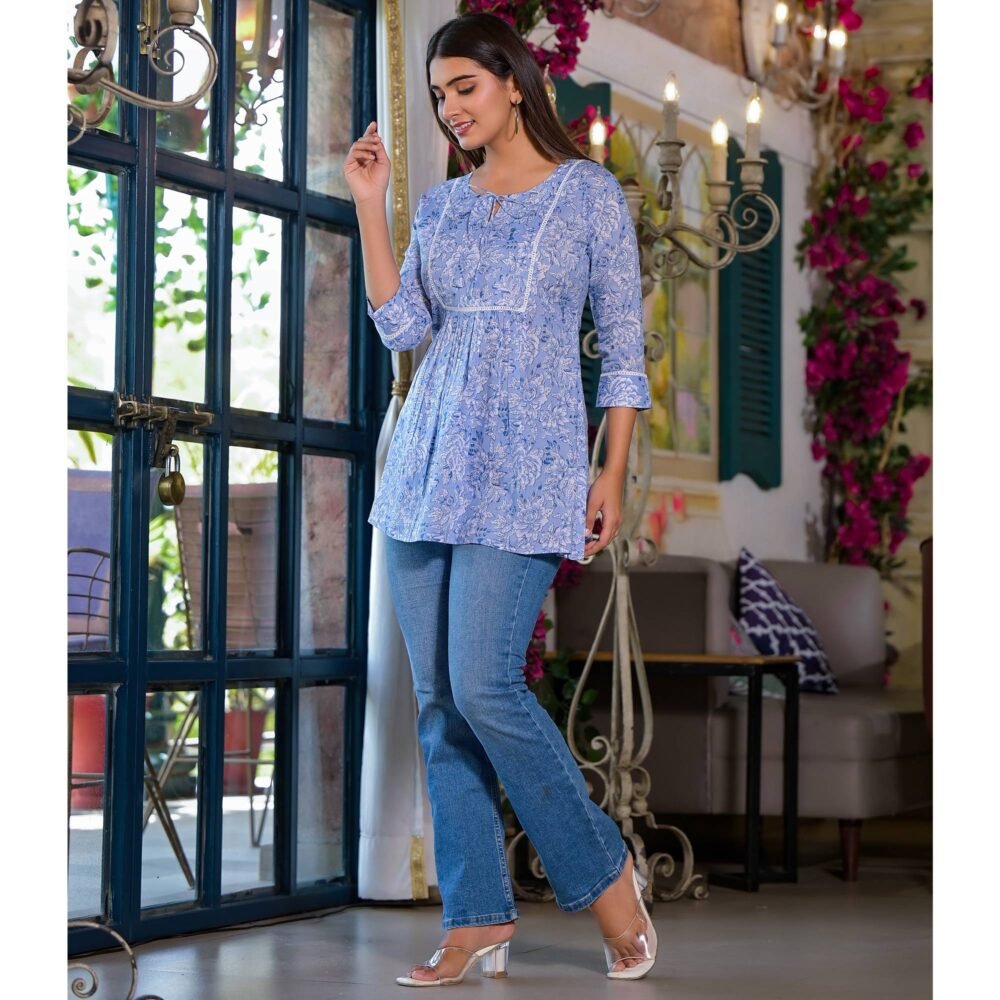 Blue Floral Printed Pure Cotton A-Line Top - Image 5