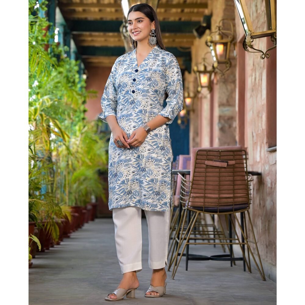 Blue Floral Printed Rayon Kurti - Image 5