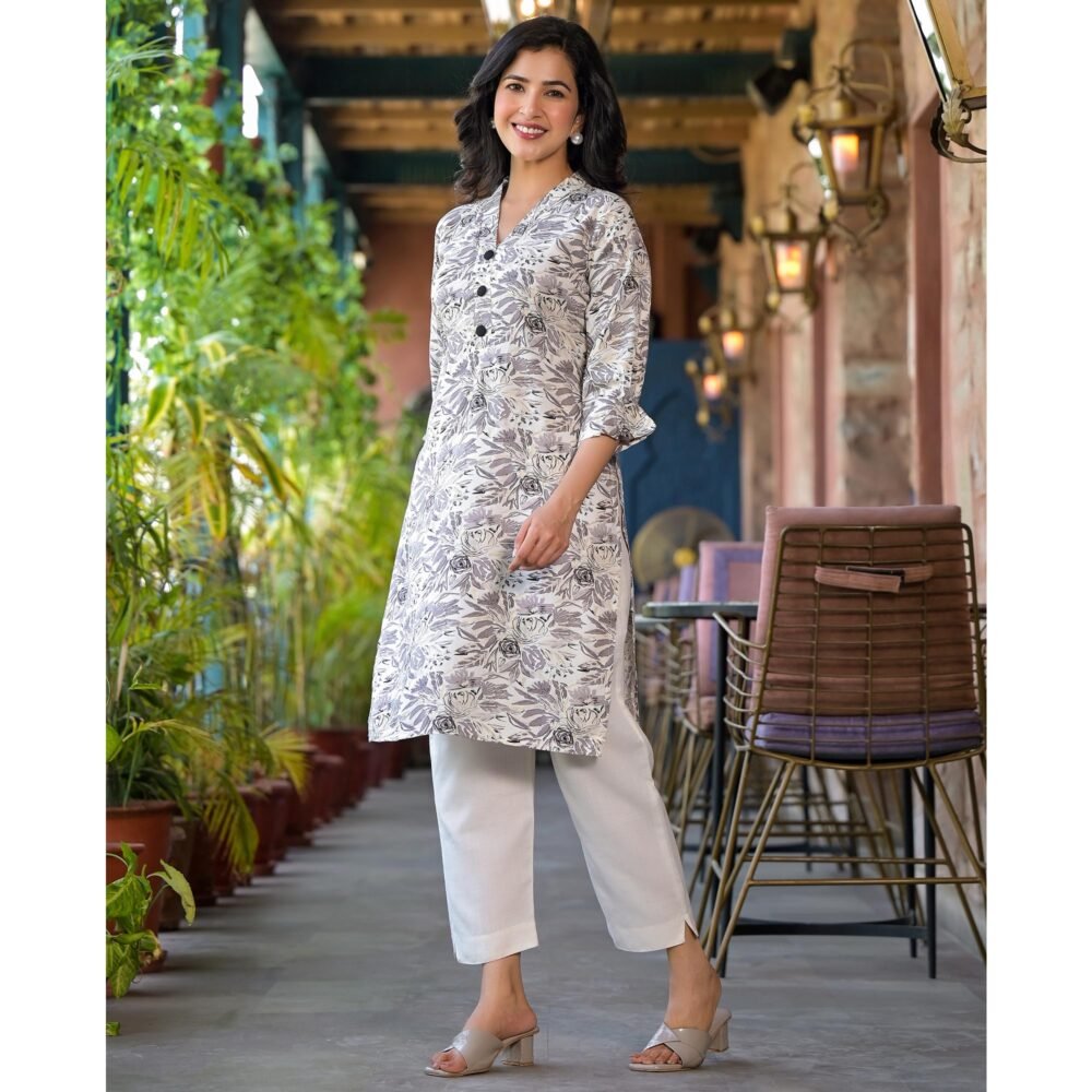Grey Floral Printed Rayon Kurti - Image 5