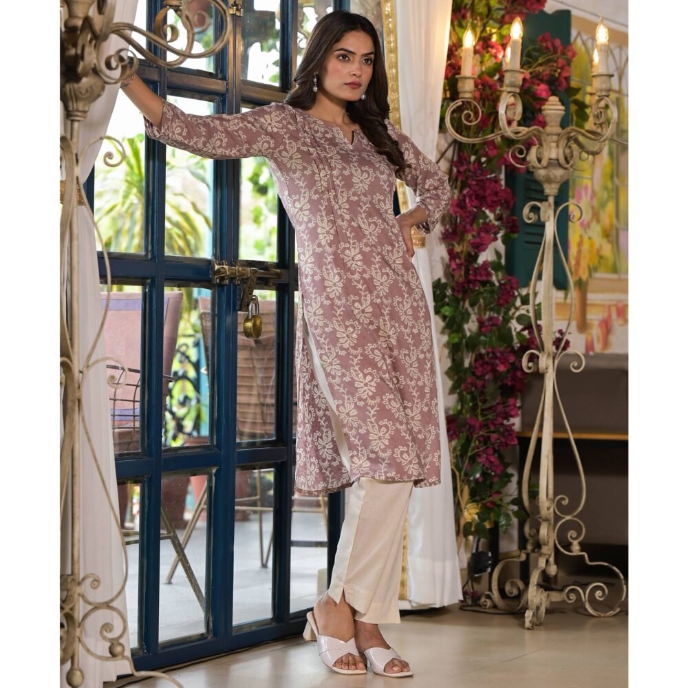 Brown Floral Printed Rayon Straight Kurti - Image 6