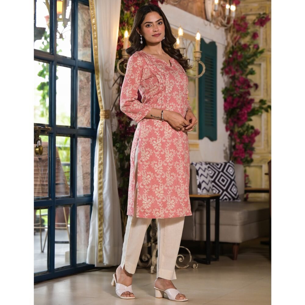 Peach Floral Printed Rayon Straight Kurti - Image 6
