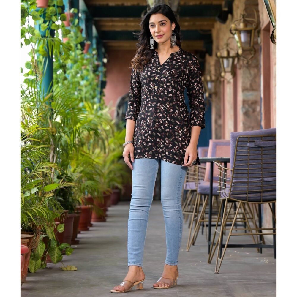 Black Floral Printed Rayon Straight Top - Image 6