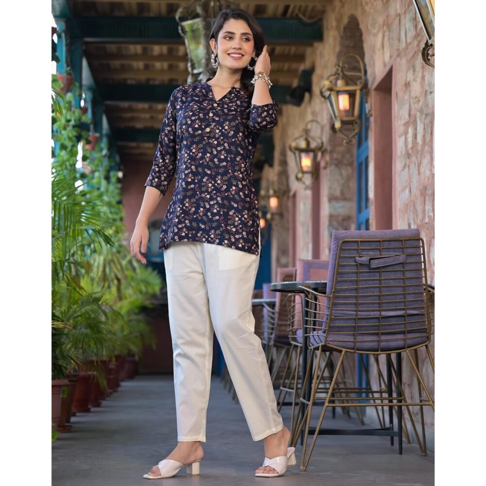 Blue Floral Printed Rayon Straight Top - Image 6