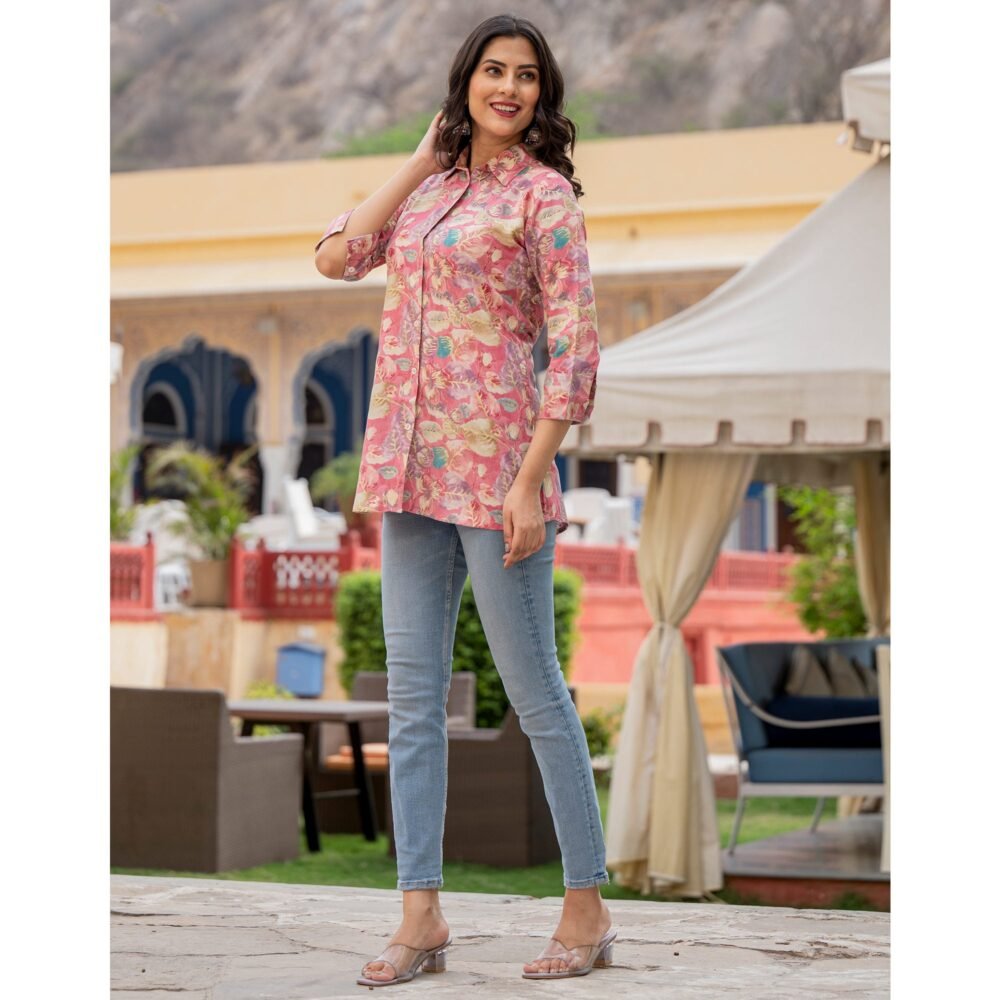 Pink Floral Printed Rayon Top - Image 5