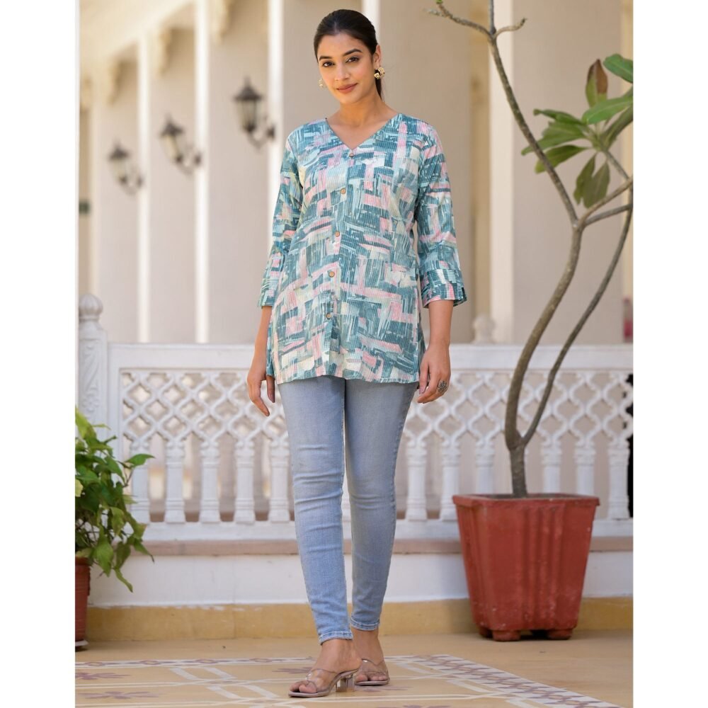 Blue Printed Rayon A-Line Top - Image 5
