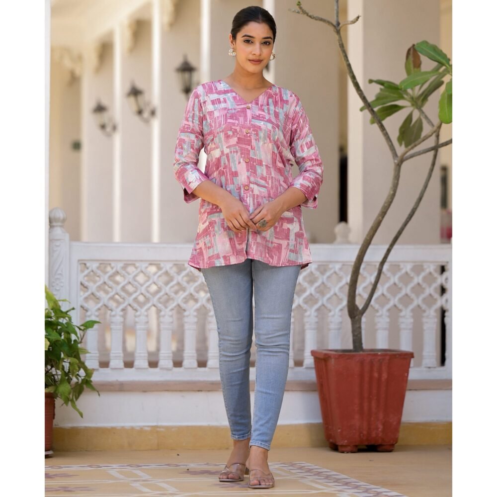Pink Printed Rayon A-Line Top - Image 5