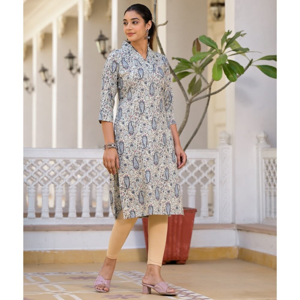Blue Floral Printed Rayon Straight Kurti - Image 5