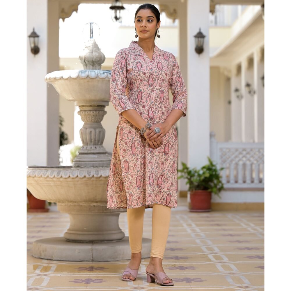 Pink Floral Printed Rayon Straight Kurti - Image 5